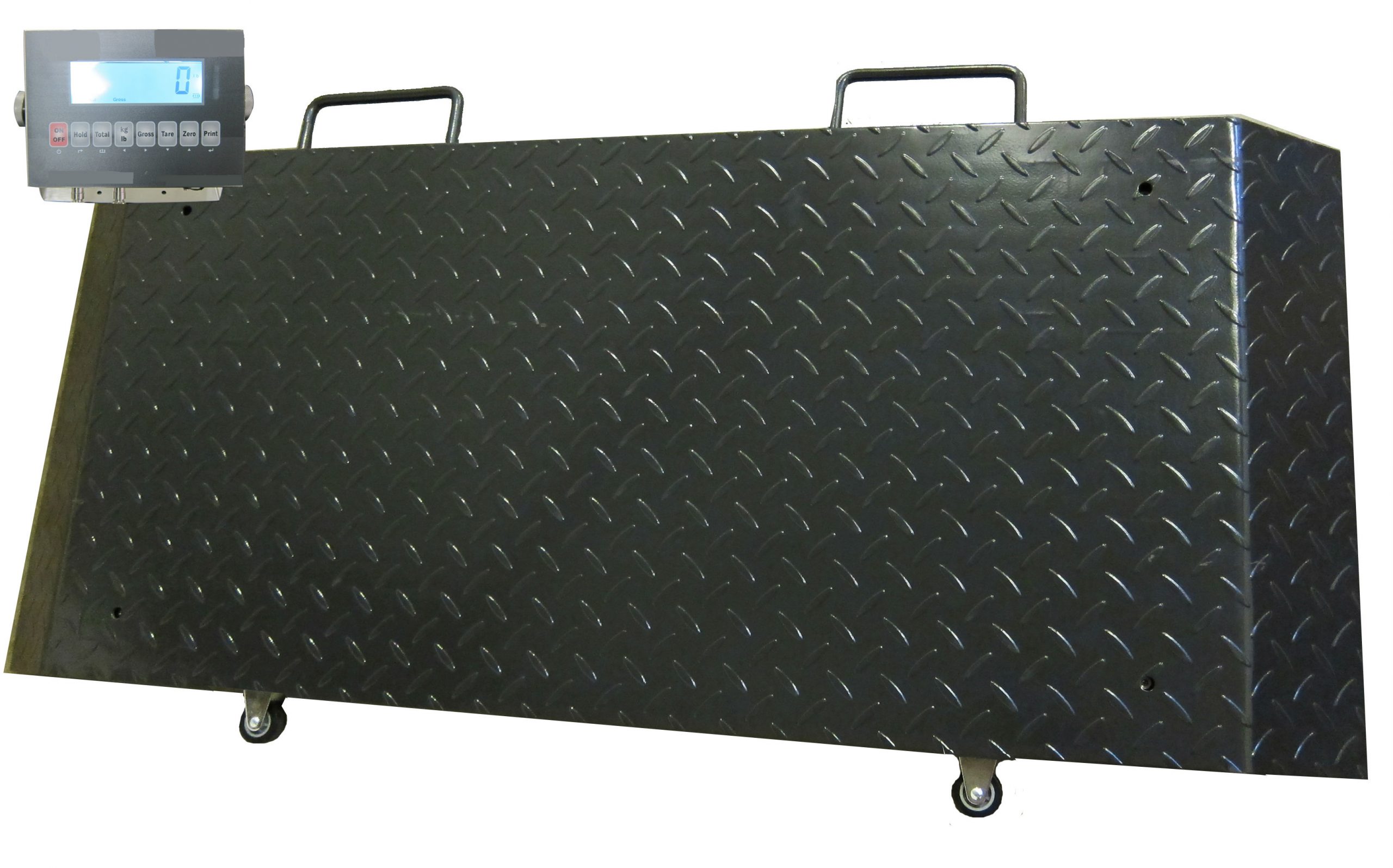 8577 Large black diamond plate platform scale with two handles, wheels, and a digital display in the top left corner—ideal for industrial weighing and easy to move like most modern pallet scales.