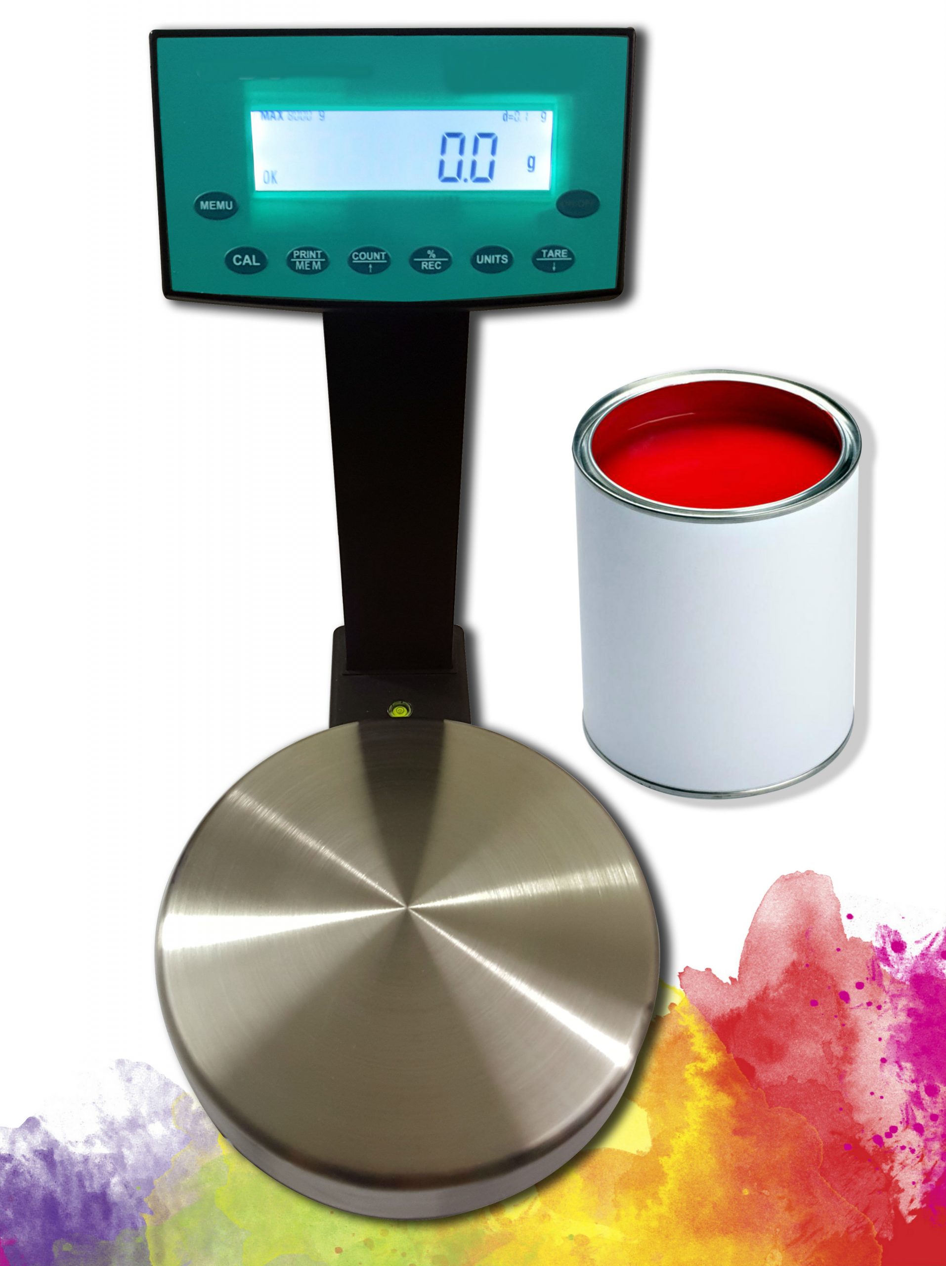 Digital scale with a round metal platform, ideal for industrial weighing, stands next to an open can of red paint and colorful splashes below.