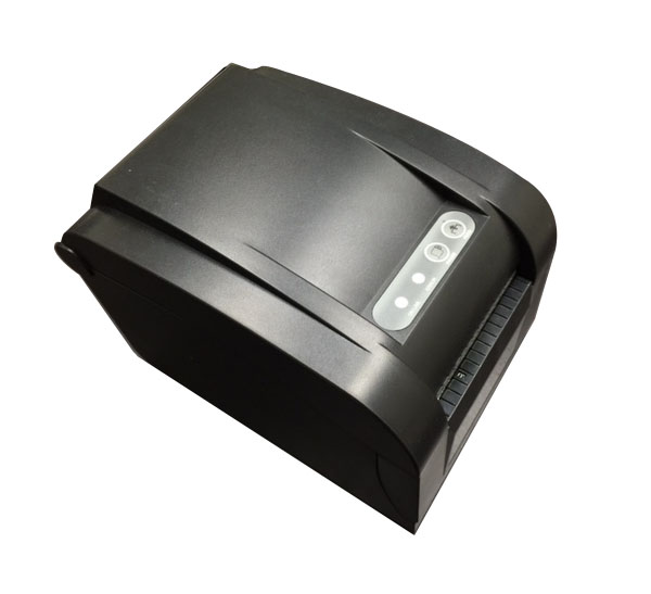 A black thermal receipt printer with buttons on the top, shown on a white background—ideal for use in calibration labs or alongside pallet scales.