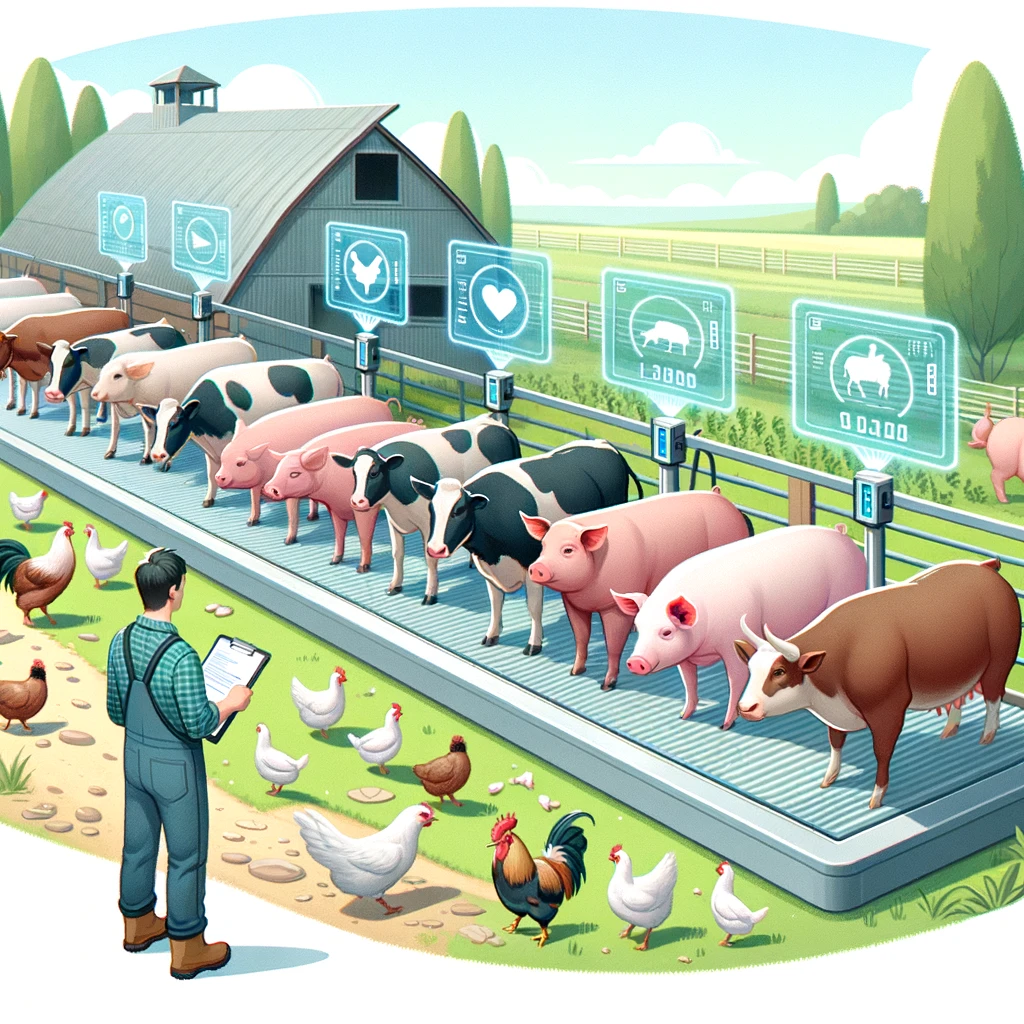 Illustration of a serene farm setting where diverse livestock, such as cows, pigs, and chickens, line up to step onto a state-of-the-art weighing platform. Above each animal, holographic displays show their weight and relevant stats. A farmer, with a clipboard, oversees the process, ensuring each animal's well-being.