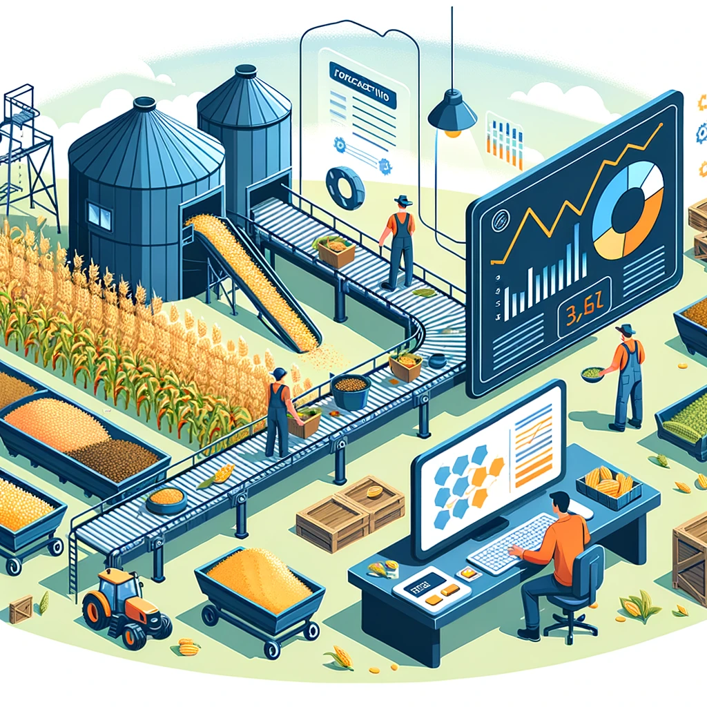 Vector graphic of a panoramic farm scene. On the left, workers harvest crops and place them on a conveyor belt leading to a digital weighing station. On the right, a farmer analyzes the weight data on a computer, surrounded by graphs and charts about forecasting and financial planning.